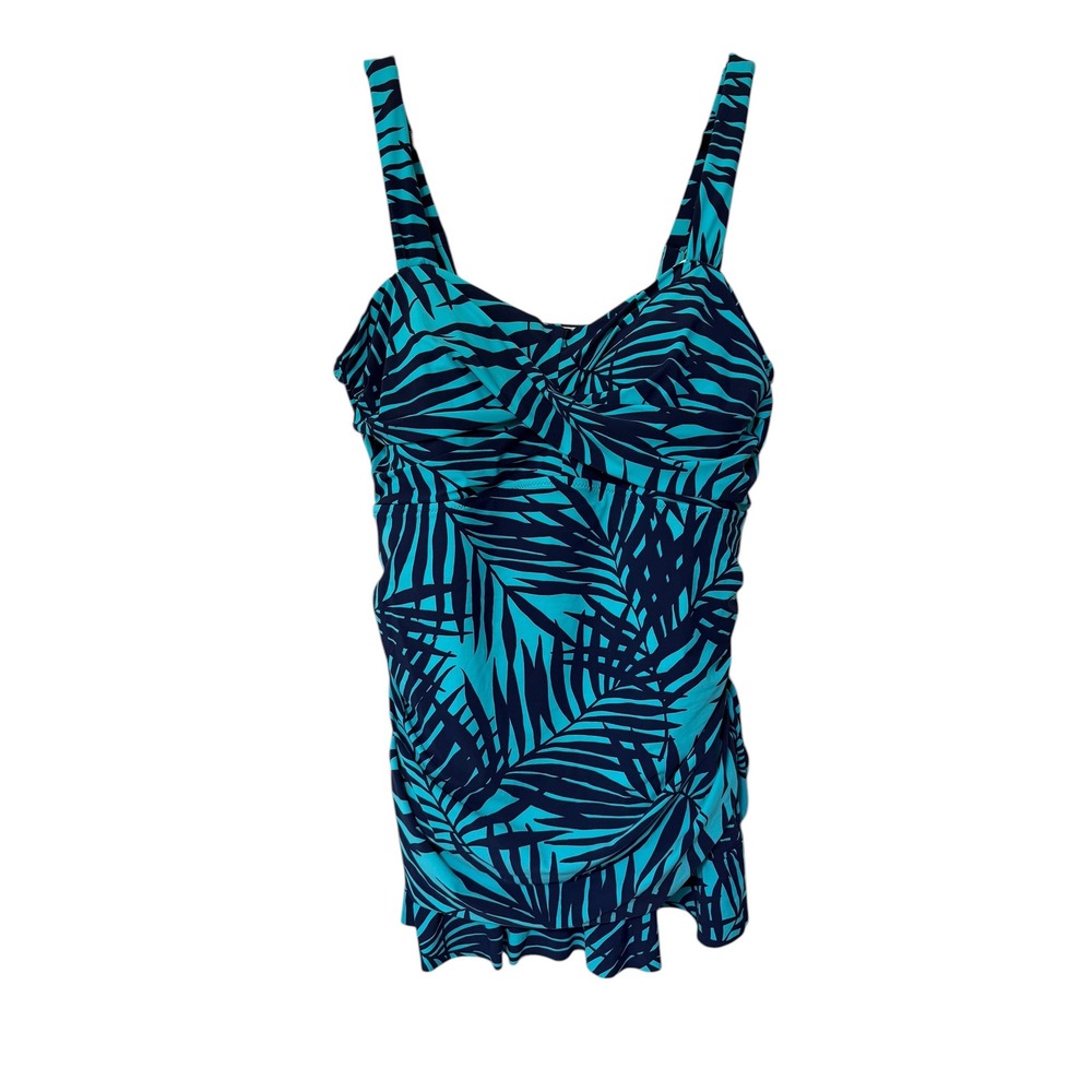 Lands End Swim Dress Womens‎ 22W Blue Tropical Palm Leaf Ruffle Modest Vacation